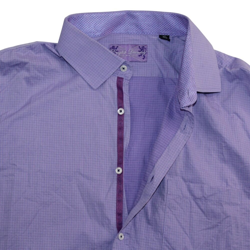 English Laundry Neck Sz 19 Flip Cuff Purple Gingham Check Dress Shirt Clubwear - Picture 11 of 15